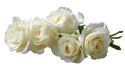 Elegante composizione di rose bianche, con i loro petali vellutati che si aprono in piena fioritura, adornati da foglie verdi scuro su sfondo bianco trasparente.