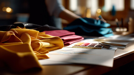 Overhead view of fashion sketches and fabric samples no faces visible design planning fashion illustration textile selection clothing design sketch papers material swatches