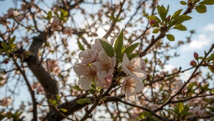 Apricot blossoms shining on tree branches in the early daylight