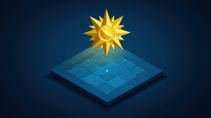 Gold star radiating light above blue grid abstract illustration background