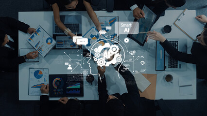 A diverse team collaborates in a meeting environment, utilizing technology and data to drive strategic AI innovation. Ideas flow as discussions on business growth emerge. Trope