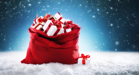 Santa's red sack on snow filled with gifts blue isolated