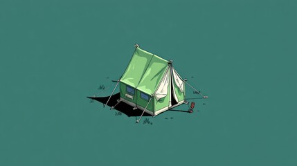 Green camping tent isolated on teal background outdoor recreation concept