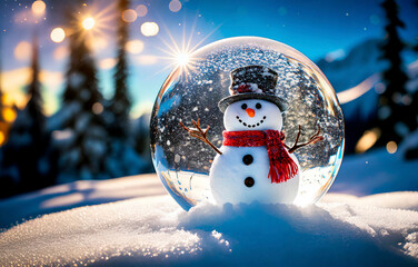Snowman enclosed in a snow globe outside on snowy mountain