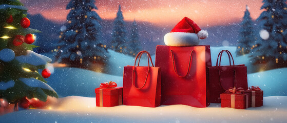 Red Christmas shopping and gifts in the snowy landscape