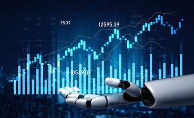 A futuristic robotic hand showcases dynamic financial charts and data analytics, representing advanced technology reshaping investment strategies and market understanding. Scalp
