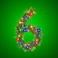 A Christmas wreath adorned with lights and a number 6