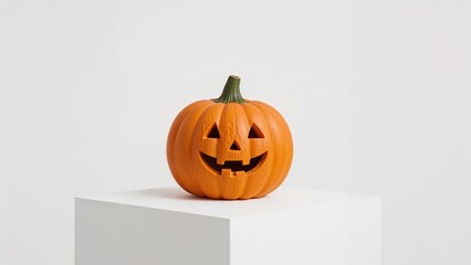 Mini Pumpkin Halloween Decoration on White Pedestal featuring a carved orange pumpkin with a jack-o'-lantern face, minimalist photograph of a small festive item.