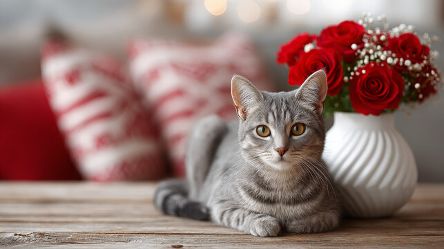 Striped gray cat resting beside white vase of red roses on table  