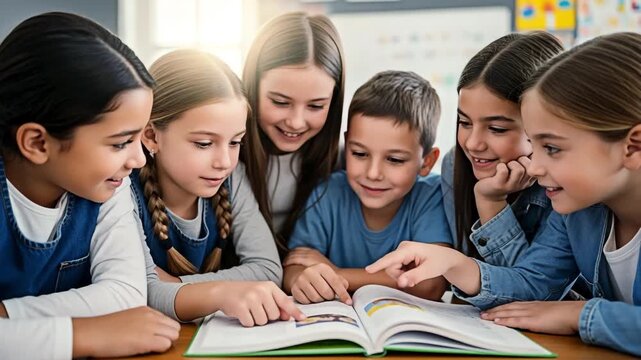 Children studying a book for the concept of education and learning.