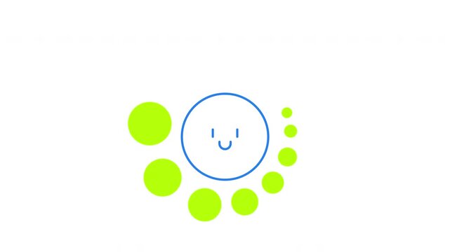 Smiling face with rotating bright green solid dots loading animation. Positive blue outline spinner. Animated throbber on transparent. UI design element 4K video for download, upload, update, waiting