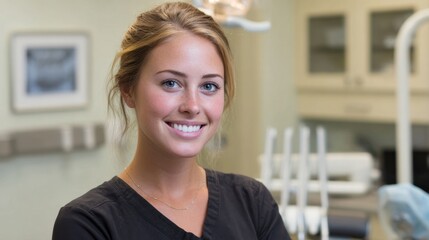 A young dental assistant beams with confidence in a well lit clinic ready to help patients.