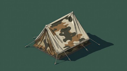 Camouflage tent illustration isolated on a dark green background