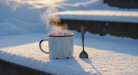 Enamel mug with steam placed on snowy step in winter landscape  