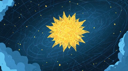 Illustration of a bright yellow sun surrounded by stars and swirling patterns