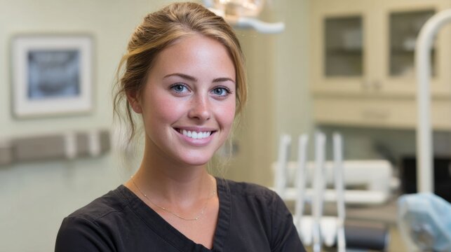 A young dental assistant beams with confidence in a well lit clinic ready to help patients. - Powered by Adobe
