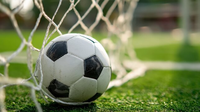 A soccer ball rests in the net on a bright day capturing the excitement of a recent goal scored.