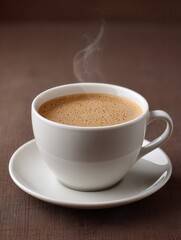 Fototapeta premium A steaming cup of coffee placed on a saucer, showcasing warmth and comfort. Ideal for beverage-related themes and cozy settings.