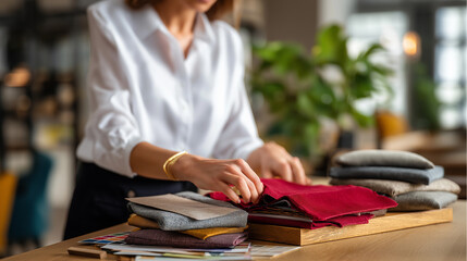 Hands arranging furniture samples and fabric swatches face not visible interior styling material selection design coordination sample board color palette design process