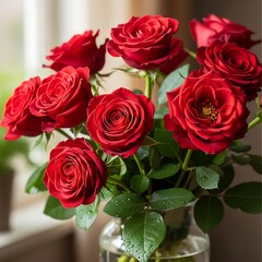 Obraz premium A close-up shot of a dozen vibrant red flowers in a clear vase, near a sunlit window. Petals are open, showing detail
