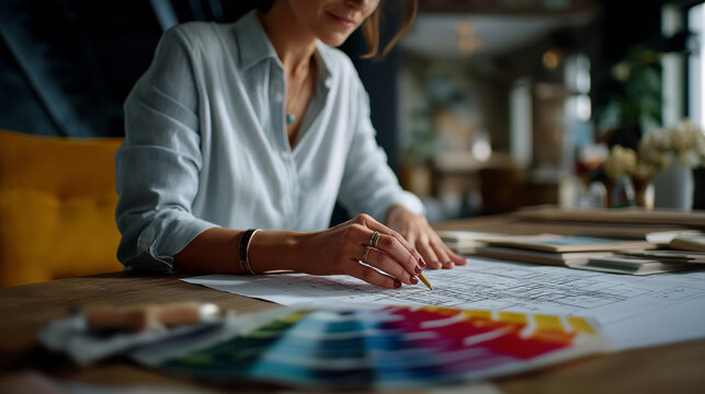 Interior designer hands with blueprint and material samples face not shown design planning floor plan material selection renovation project color coordination samples and - Powered by Adobe