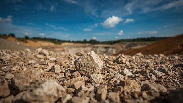 Close-up of small stone fragments in a stone quarry. Open-method stone mining.