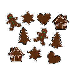 An arrangement of ten gingerbread cookies in various shapes: gingerbread men, stars, hearts, houses, and Christmas trees.