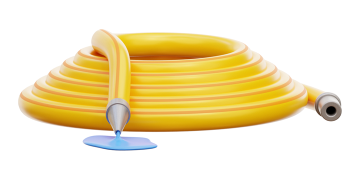 Vibrant yellow garden hose coiled neatly with a stream of fresh water flowing from its nozzle, perfect for outdoor watering and gardening projects.