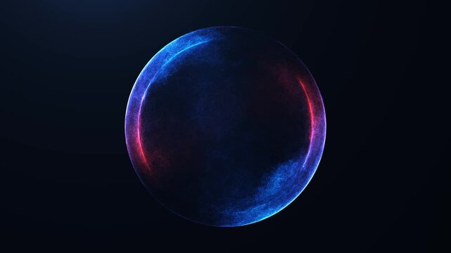 Abstract glowing red and blue sci-fi plasma sphere with digital texture and smooth gradients on dark background. High-tech futuristic energy orb in minimal motion style.