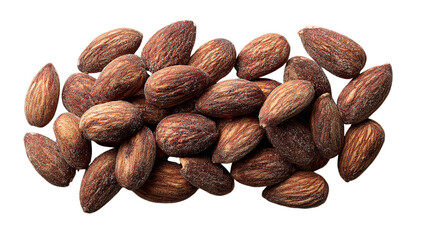 Close up view of organic raw almonds with rich brown hues and textured surfaces showcasing their natural beauty isolated on transparent background