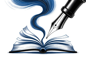 Unleash your imagination with a fountain pen writing vibrant stories from an open book, sparking creativity and endless possibilities.