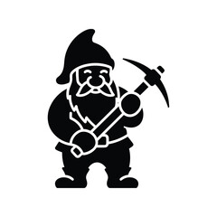 Charming gnome miner silhouette holding pickaxe symbol for fantasy mining and garden decoration isolated on white background