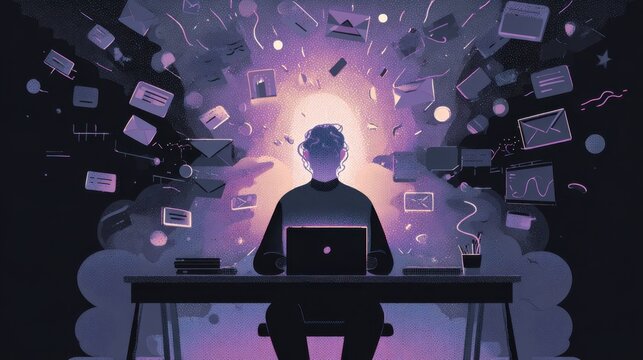 Digital overload concept with person at desk surrounded by emails and alerts,,Information Overload Day