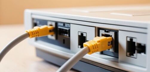 Close up of a gray ethernet cable plugged into a router with yellow connector Cables and ports