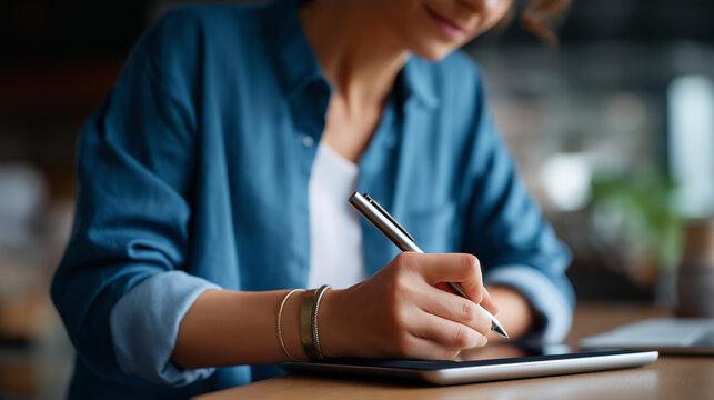 Female hands with stylus on drawing tablet face completely hidden digital illustration graphic design creative work tablet drawing artistic process design tools workspace