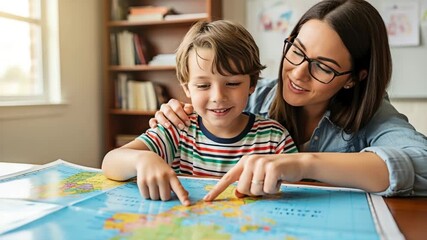Mother and son study a map for the concept of learning and family. - Powered by Adobe
