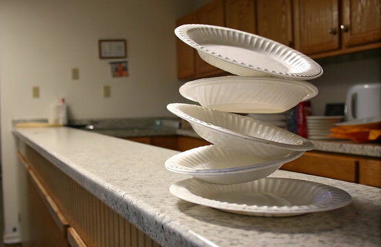 A pile of paper plates is slowly stacked on the kitchen counter
