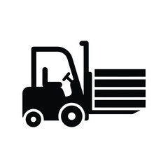 Industrial forklift truck silhouette lifting pallet of goods for logistics and warehouse operations isolated on white background