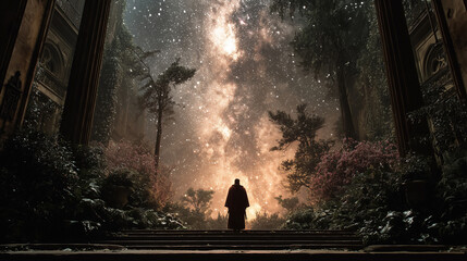 Mysterious figure stands before a cosmic spectacle in a forgotten garden, igniting a spirit of adventure and exploration under a starry sky