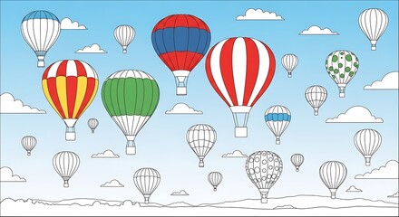 Colorful Hot Air Balloons Floating in a Cloudy Sky Illustration.