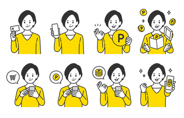 クレジットカードやスマホで買い物をする･ポイントを貯める中年女性のセット【人物ベクターイラスト素材】