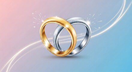 Elegant Gold and Silver Wedding Rings Intertwined on a Gradient Background.