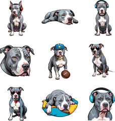 bull Dog Illustrations with Accessories, featuring cute outfits, hats, and glasses.