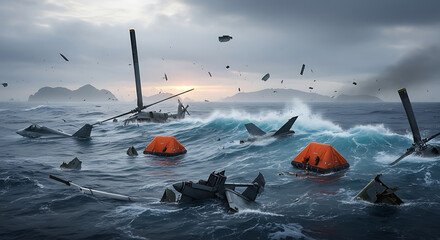 Wreckage of crashed airplane floating in stormy ocean near remote island after disaster, depicting a scene of survival and despair.