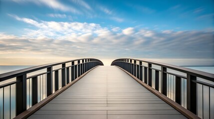 Long bridge leading to the sea under a cloudy blue sky in the distance