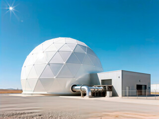 Geodesic dome for gas or fuel storage at an industrial energy facility. Space for text.