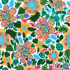 A seamless pattern featuring vibrant purple, orange, and pink flowers with hand painted leaves and textured details. whimsical hand drawn painted flowers seamless pattern. Good for fabric, textile.