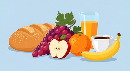 Healthy Breakfast Still Life with Fruits and Bread.