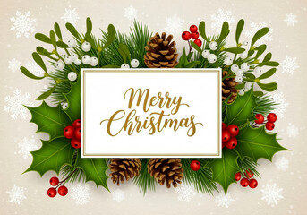 Merry Christmas Greeting Card with Mistletoe Branches, Pinecones, Holly Leaves, Berries and Snowflakes