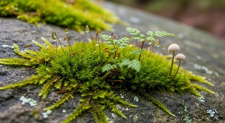Moss and Mushrooms on a Rock - A Close-Up View.